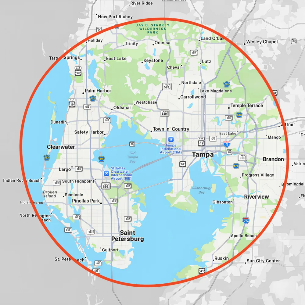 Delivery zone map showing Tampa Bay area
